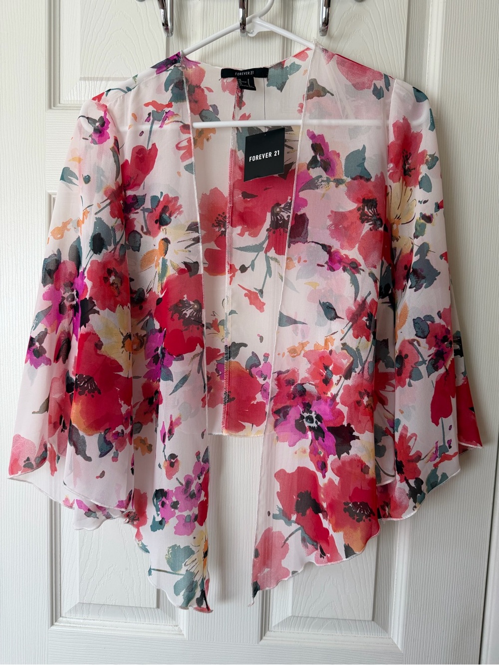 Forever 21 Floral Sheer Open Front Cape - White, Red, Pink, Green